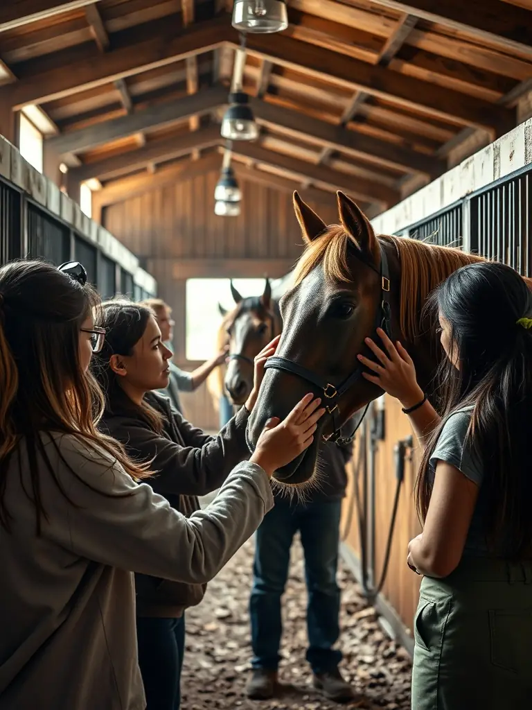 An image of volunteers caring for horses in a stable, emphasizing the importance of animal welfare and responsible horse care.