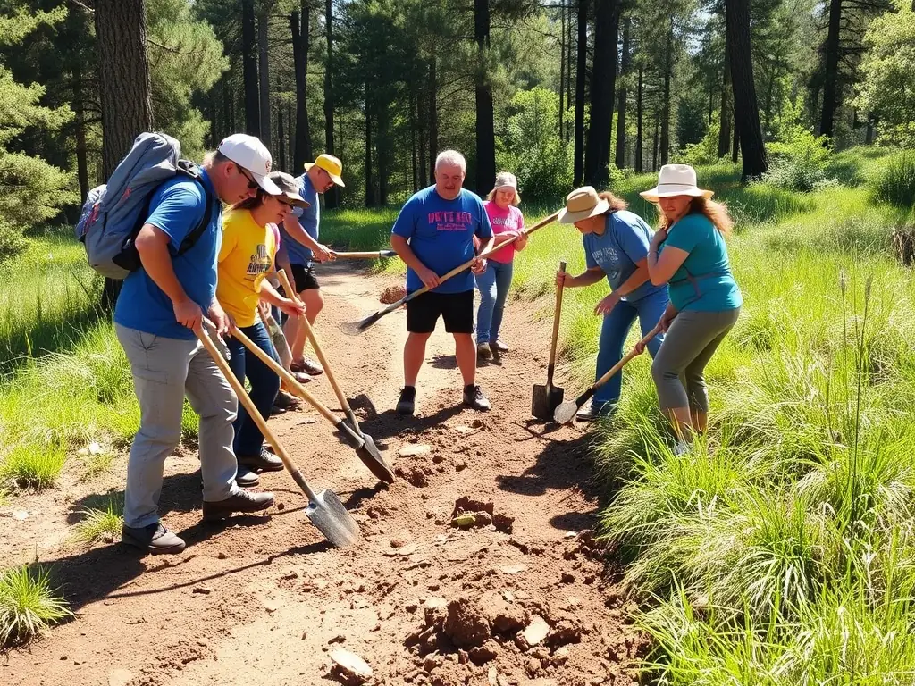 A photograph capturing a group of volunteers working together to maintain equestrian trails, highlighting the organization's commitment to environmental stewardship and community involvement.