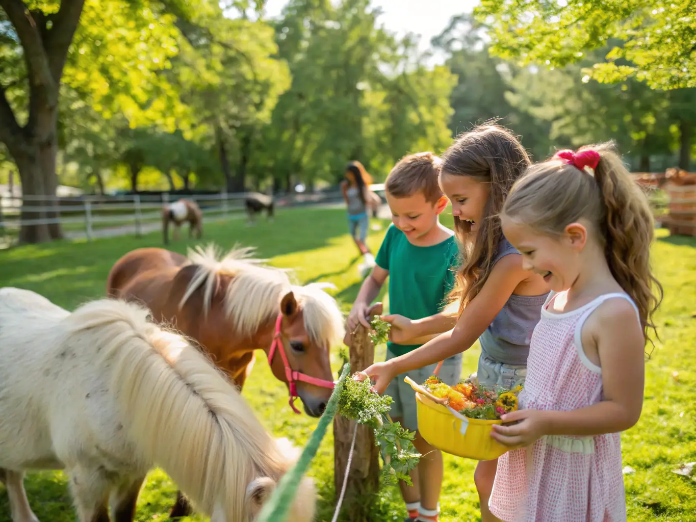 A heartwarming image of children interacting with horses in a supervised setting, emphasizing the therapeutic benefits of equine-assisted activities and the organization's commitment to animal welfare.