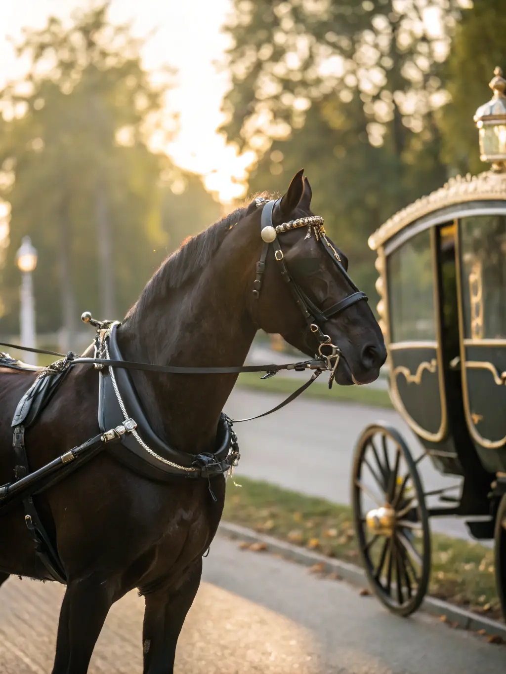 A scenic shot of a horse-drawn carriage navigating a picturesque trail through the French countryside, highlighting the beauty of the natural environment.